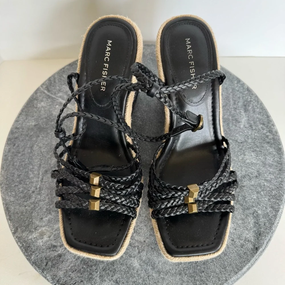 Marc Fisher Black Tan Hayla Wedge Heels Sandals 8 Leather